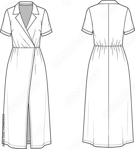 Wrap-style collared dress sketch, short-sleeve design, thigh slit detail, gathered back waistline, front and back view, fashion illustration, garment template