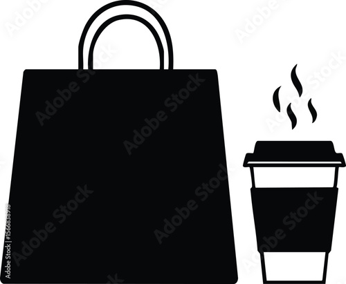 Shopping bag with hot coffee cup icon simple black silhouette design for retail and beverage concepts vector illustration