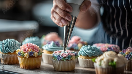 Close-up of hand piping frosting onto cupcakes
