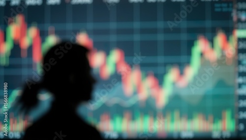 A Blurred Silhouette of a Person is Seen in The Foreground With a Background of a Stock Market Chart Displaying a Fluctuating Trend Line in Red and Green