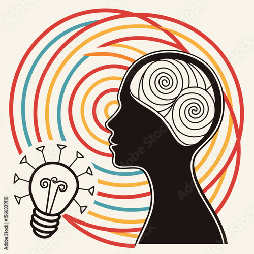 Silhouette profile with large colorful spiral, abstract thinking, vector, color, transparent copy space
