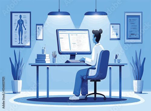 Female Doctor Working on Computer in Medical Office