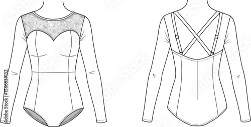 Long-sleeve bodysuit sketch, sweetheart neckline with mesh overlay, back crisscross straps, fitted design, front and back views, garment template illustration