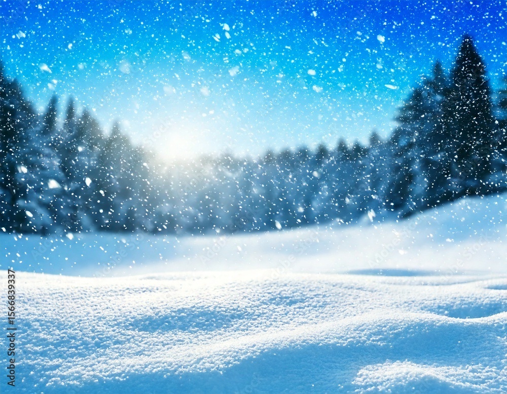 Fototapeta premium Beautiful winter snowy background. Snow-covered fir tree in forest in snowdrifts in snowfall
