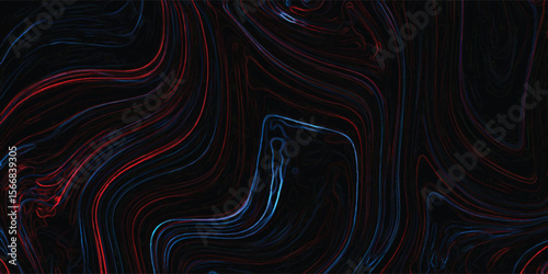 A swirling digital design featuring red and blue streamlines resembling a flowing cosmic landscape over a deep black space
