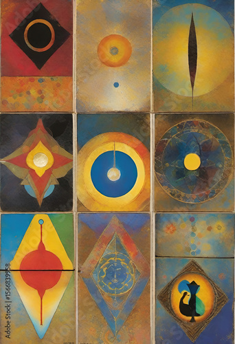 Symbolist printmaking, and painting with spiritual themes resonant with Tarot. Vintage Symbolist inspired themes and technique. Colorful metaphoric art with archetypal concepts. 