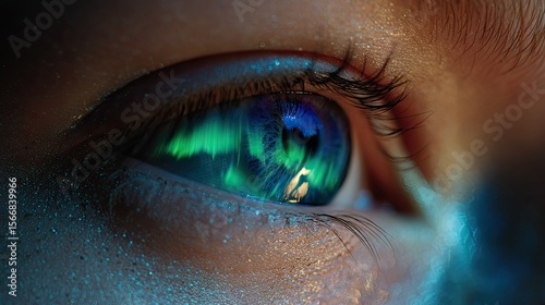 Close-up of an eye reflecting aurora borealis