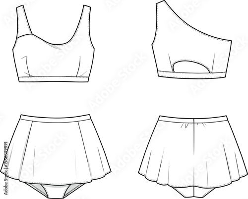 Crop tops and skirt-shorts fashion sketch set, scoop neck, asymmetrical strap, pleated designs, front and back views, garment template illustration