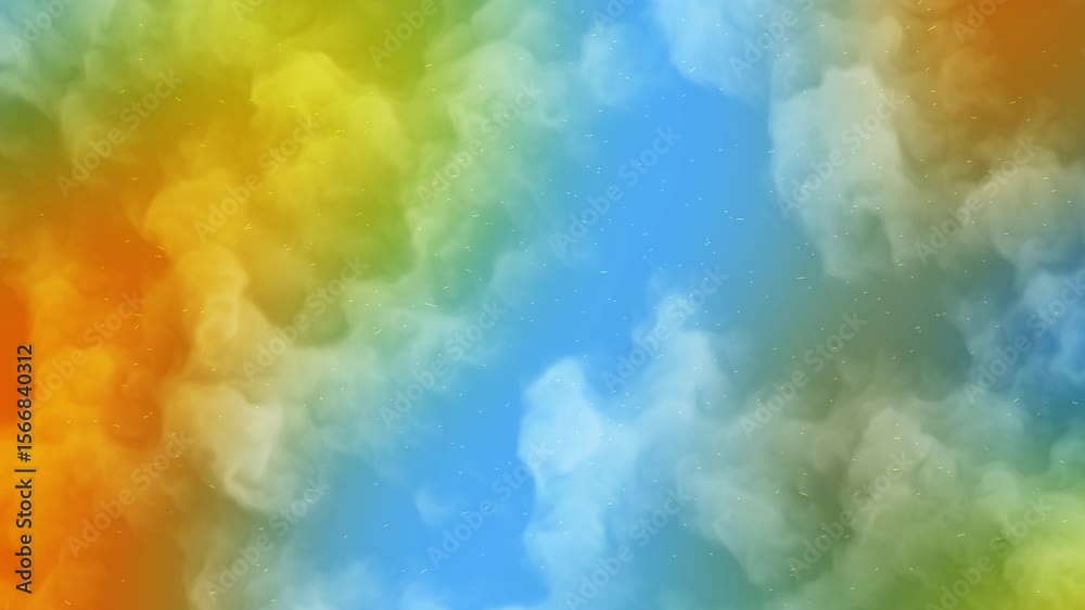 Orange yellow green and blue cloudy gradient with soft fog and glowing particles perfect for digital celebration design or modern festive background themes for global events