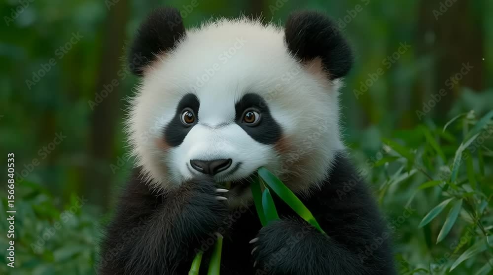 Cute panda eating bamboo in forest, close-up
Cute panda eating bamboo in forest, close-up
