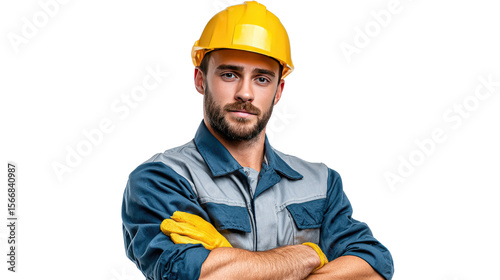 Confident Construction Worker: A skilled construction worker, wearing a yellow hard hat, gazes with assured confidence, hands crossed, highlighting dedication, expertise.