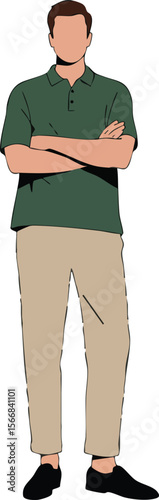 Casual man standing with crossed arms wearing green polo shirt and beige pants vector illustration