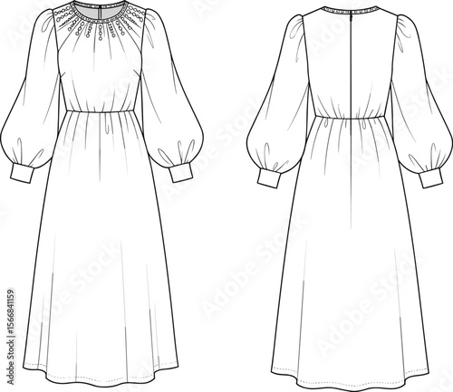 Long puff-sleeve dress sketch, gathered neckline with button detail, cinched waist design, flowing hemline, fashion illustration, front and back garment view