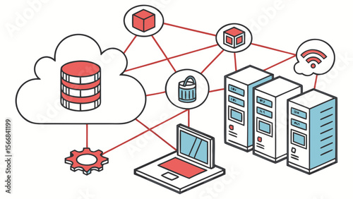 Conceptual illustration of a distributed computing network with cloud storage servers laptop and wireless connectivity isolated on white background