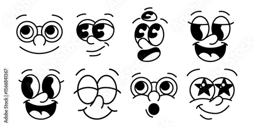 Cartoon groovy comic set. Vintage retro 70's stickers with cartoon faces expressing different emotions. Design Elements for Character Constructor.