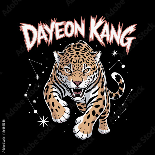 Fierce jaguar snarling with constellations and stars leopard big cat