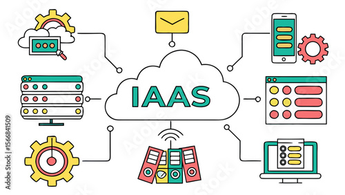 Cloud computing infrastructure as a service iaas diagram illustrating networked services and data management isolated on white background