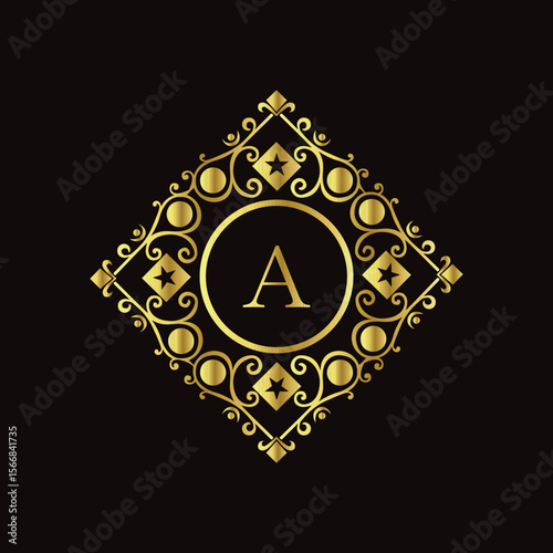 Luxurious golden letter A emblem with decorative diamond frame and black background for premium design  
