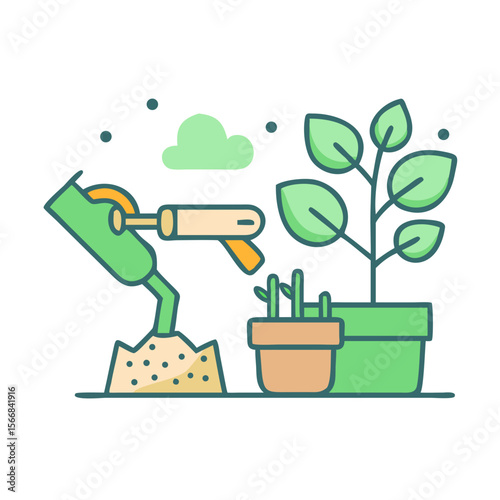 Gardener using trowel for planting in pots with green plants and soil

