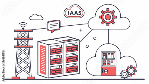Infrastructure as a service iaas concept with server racks communication tower clouds and gears isolated on white background