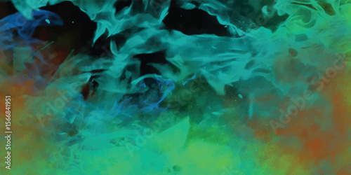 Abstract watercolor painting featuring blue green and orange hues creating artistic and atmospheric texture for background designs