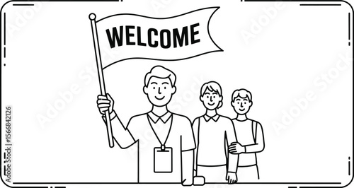 A tour guide holding a welcome flag with two people standing behind him in a framed black and white image