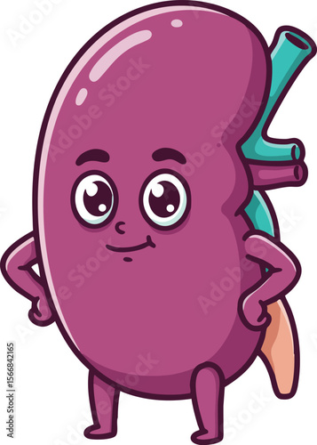 Kidney cartoon character with big eyes and confident pose vector illustration in purple and teal colors