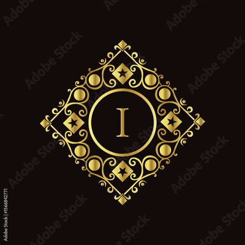 Luxurious golden letter I emblem with decorative diamond frame and black background for premium design  

