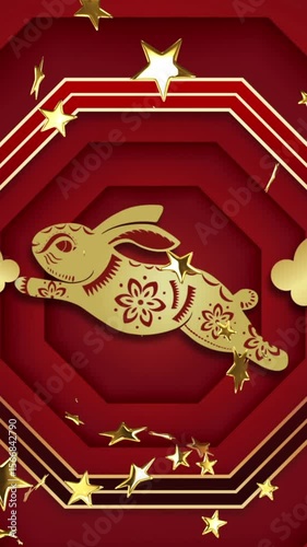 Animation of chinese traditional decorations with rabbit and stars on red background