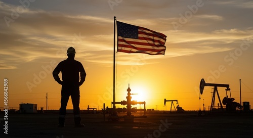 Worker in hard hat stands proudly before american flag and oil pumpjack at sunset