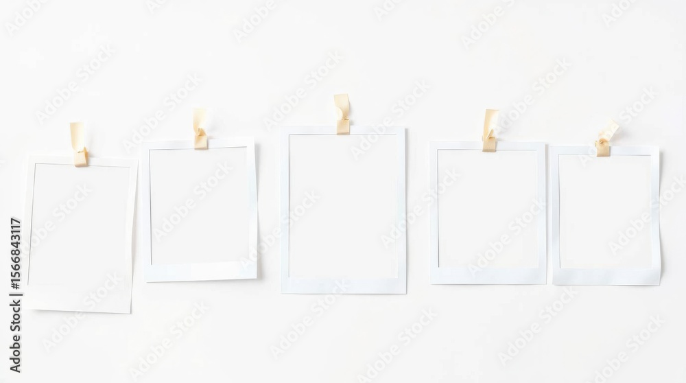 Five photo frames are pinned to a white wall, perfect for showcasing memories or creating a gallery wall. Five photo frames are pinned to a white wall, perfect for showcasing memories or creating a gallery wall.