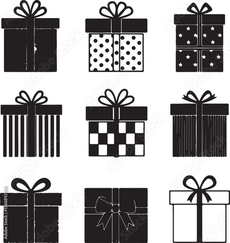 Collection of Elegant Black and White Gift Boxes Perfect for Holiday or Birthday Designs