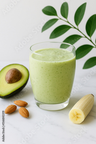 Avocado and Banana Smoothie: A refreshing smoothie, complemented by fresh avocado, banana, and almonds, embodying a healthy lifestyle. 