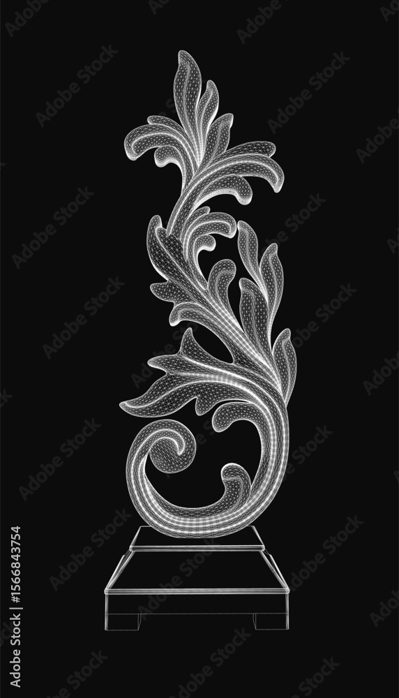 A decorative figurine with intricate details and a glossy finish stands elegantly on a black background. The black and white drawing highlights the sculpture's artistic craftsmanship.