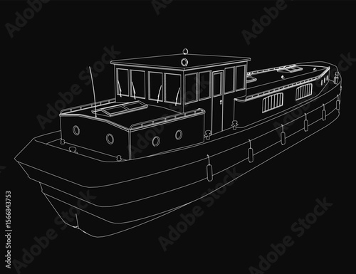 A black and white drawing of a boat stands out with crisp white outlines against a dark background. The minimalist design emphasizes clean lines and stark contrast.