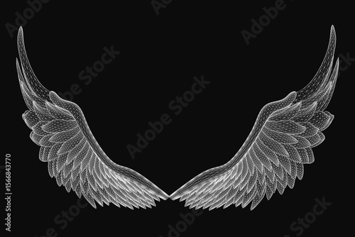 White angel wings with intricate details stand out against a black background. The contrast highlights the unique shape and texture of each wing. The composition creates a dramatic and ethereal.