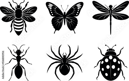 Various insects in black and white silhouette vector illustration