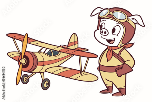 Vector cute Pig cartoon character, dressed as a pilot, standing next to a small plane, confident and adventurous expression, runway hint, isolated on white background
