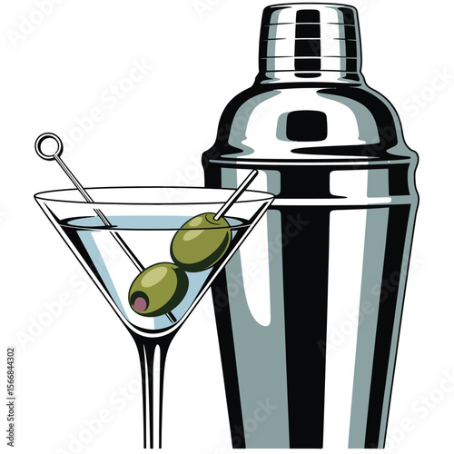 Classic martini cocktail with olives and stainless steel shaker on white background