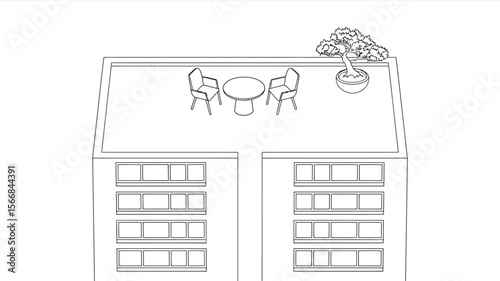 Outline drawing of a building with a rooftop garden including chairs and a bonsai tree in a pot