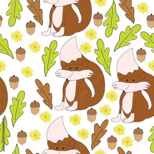 Seamless pattern with fox and natural elements