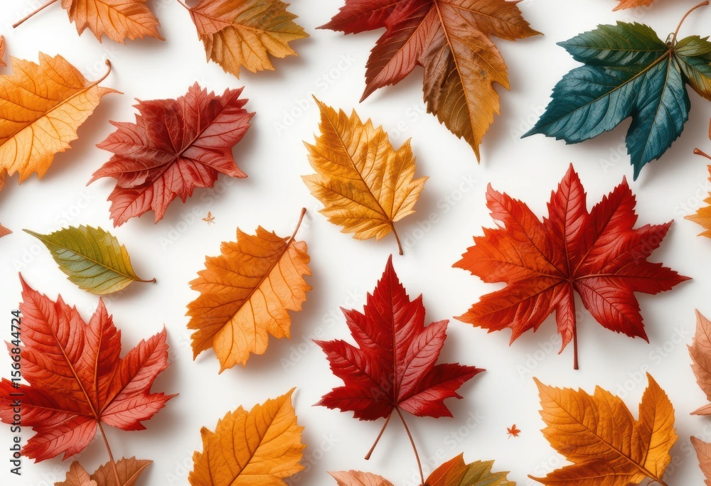 Fototapeta premium the image displays several autumn leaves scattered against a bright backdrop. the leaves are in various shades of yellow, orange, red, and blue green. they have varying sizes and shapes