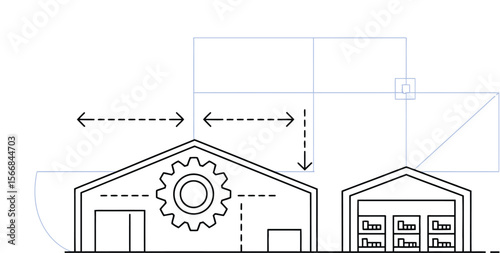 Line drawing of two warehouses with arrows indicating dimensions and editable stroke text on the left