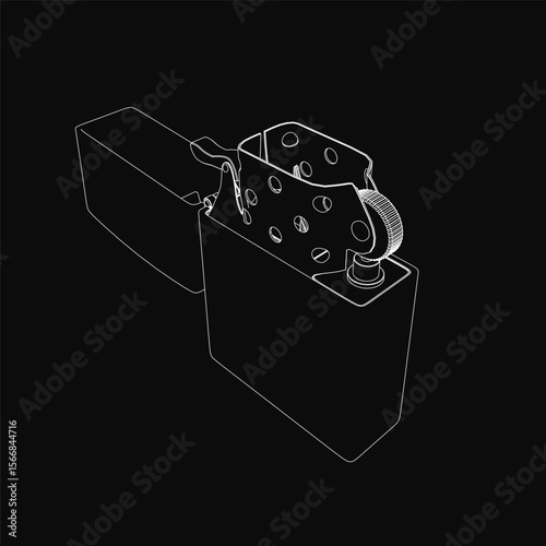 A black and white drawing of a lighter features intricate details, showcasing its precise lines and curves. The stark black background enhances the contrast, making the lighter the focal point.
