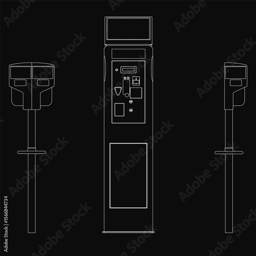 A black and white line drawing features three types of electrical equipment, including a power supply, set against a dark background. The detailed illustration highlights technical components.