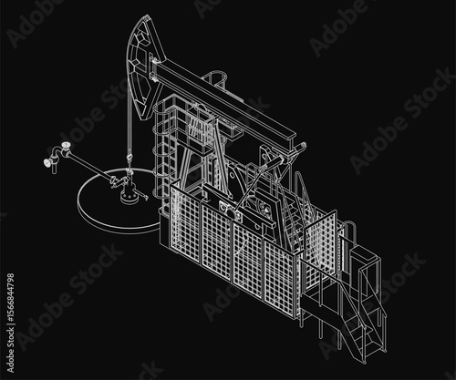 A black and white drawing of an oil pump jack features a cylindrical machine with a long arm extending from the top. The detailed illustration includes a side handle and a bottom spout.