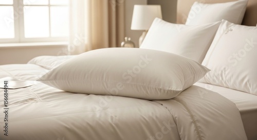 Plush white pillow resting on a comfortable bed in a sunlit bedroom. A serene scene for rest, relaxation, and peaceful sleep.