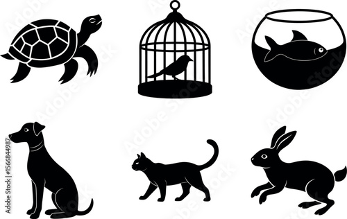 Collection of pet animals and fish silhouette vector illustration