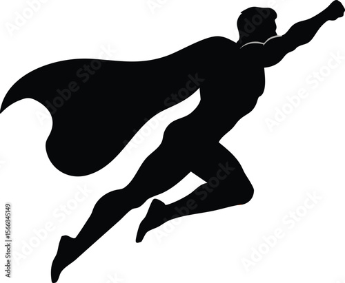 Superhero silhouette flying with cape in dynamic pose vector illustration strong hero character design