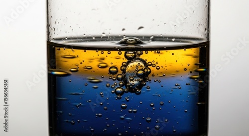 Abstract science concept of immiscible liquids, showing golden oil floating on blue water creating a layer of bubbles.